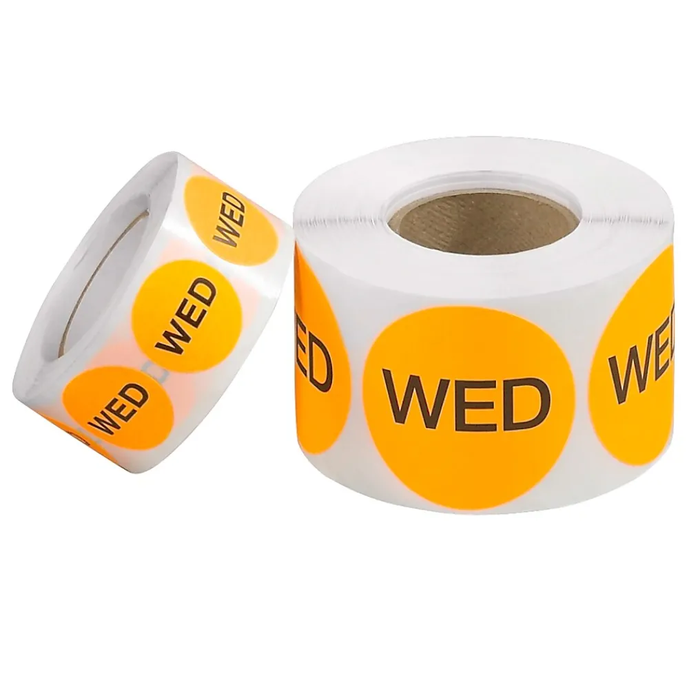 Labels|Tape Logic 1" Circle "WED" Days of the Week Label, Fluorescent Orange, 500/Roll
