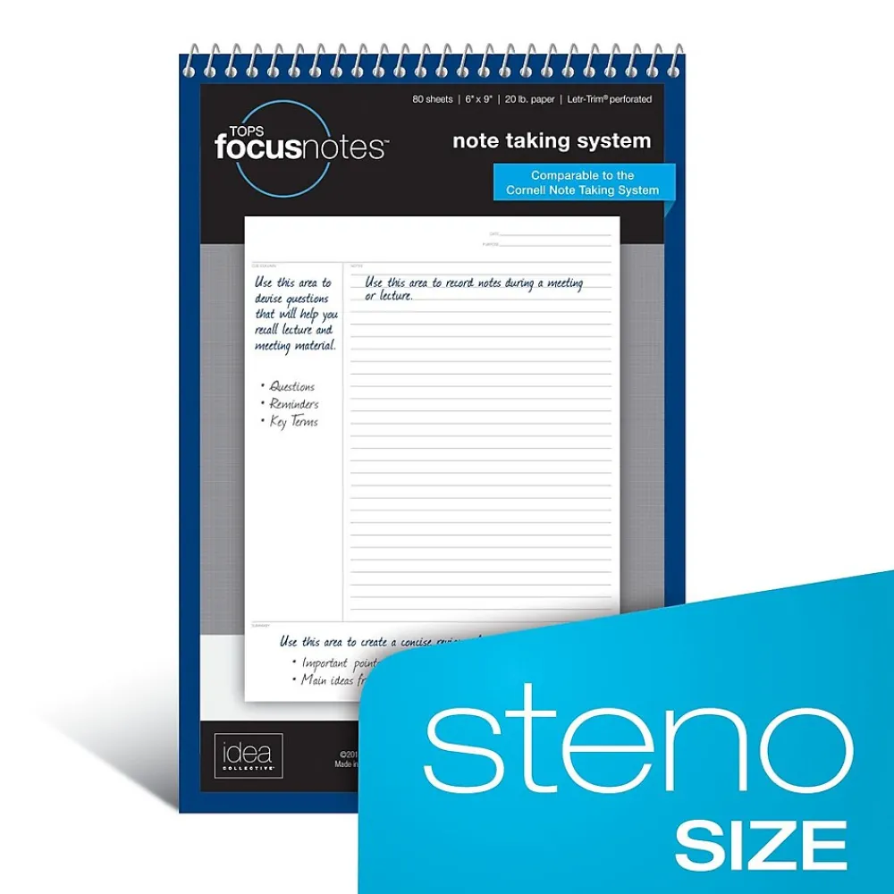 Notepads|TOPS FocusNotes Steno Pad, 6" x 9", White, 80 Sheets/Pad (90222)