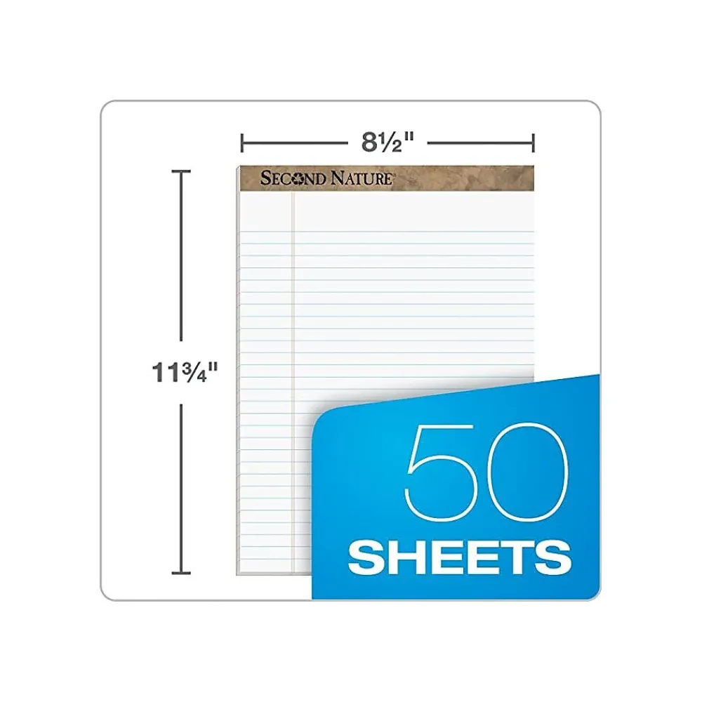 Notepads|TOPS Second Nature Notepad, 8.5" x 11.75", Wide Ruled, White, 50 Sheets/Pad, Dozen (74880)