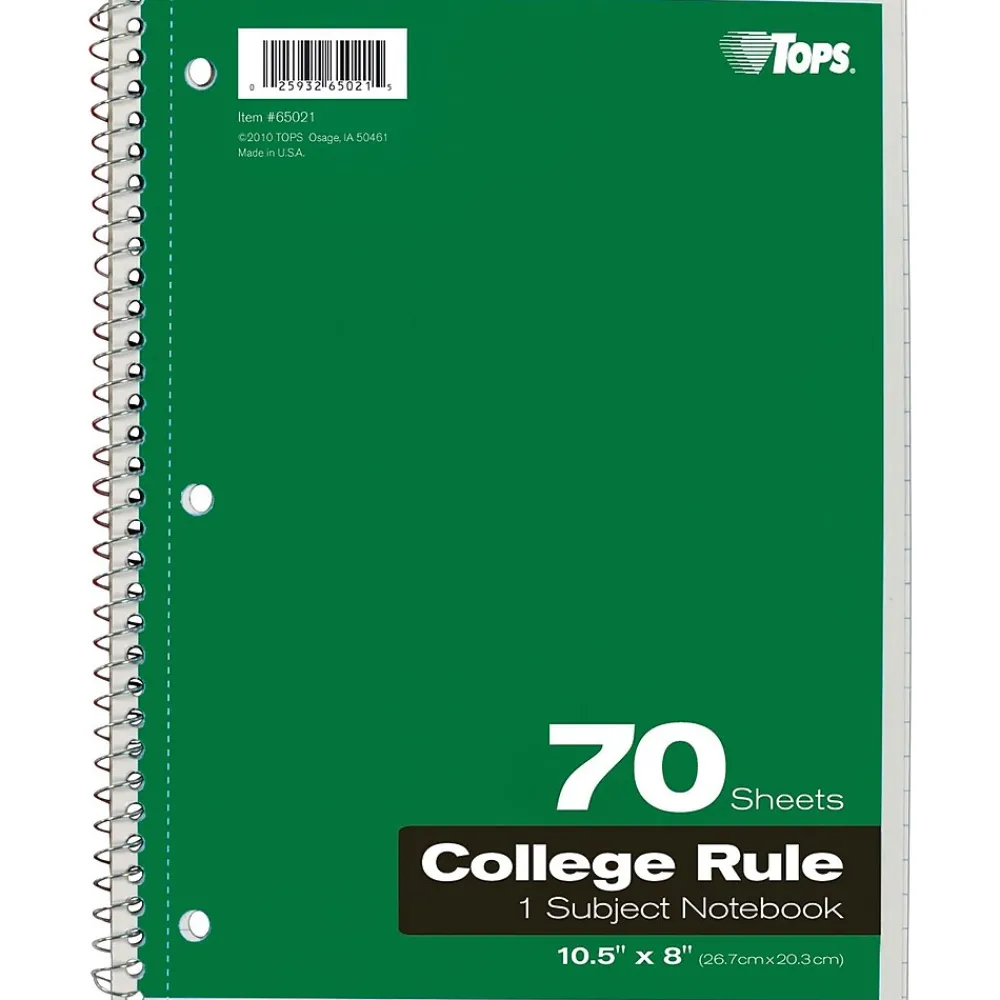 Subject Notebooks|TOPS 1-Subject Notebook, 8" x 10.5", College Ruled, 70 Sheets, Assorted Colors (TOP 65021)