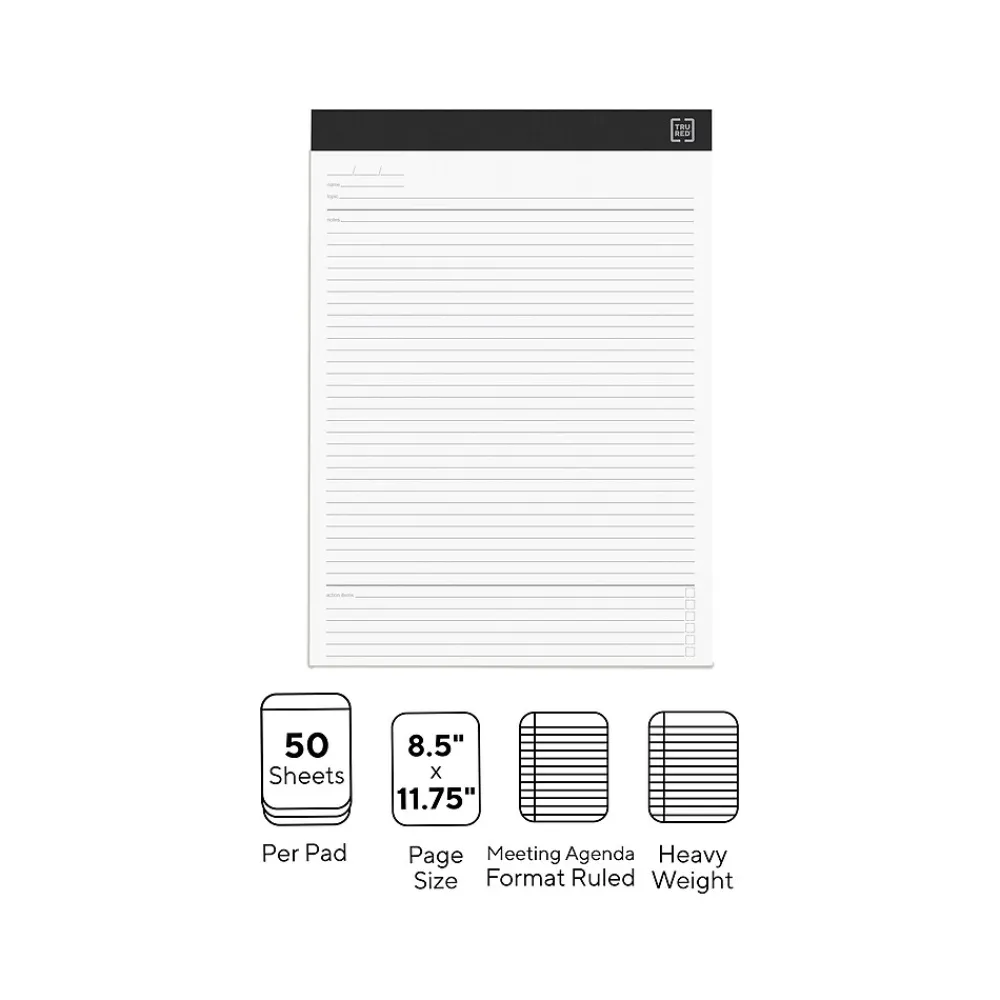 Notepads|TRU RED ™ Notepads, 8.5" x 11.75", Meeting Agenda Format Ruled, White, 50 Sheets/Pad, 6 Pads/Pack (TR57380)