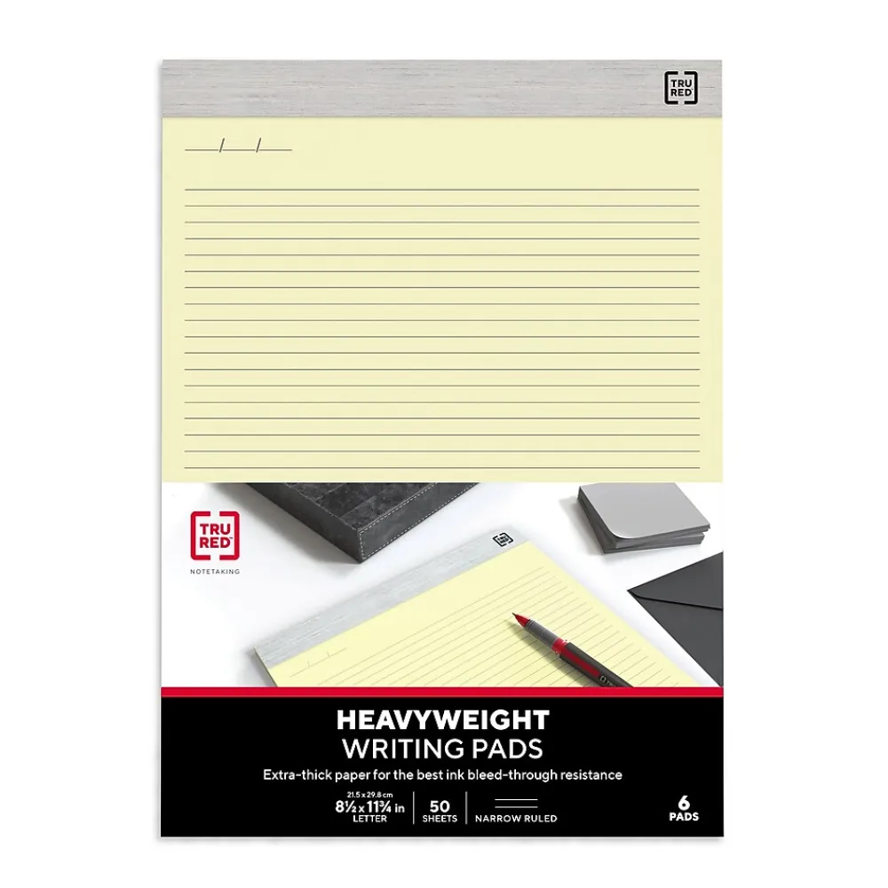 Notepads|TRU RED Notepads, 8.5" x 11.75", Narrow Ruled, , 50 Sheets/Pad, 6 Pads/Pack (TR57377) Canary