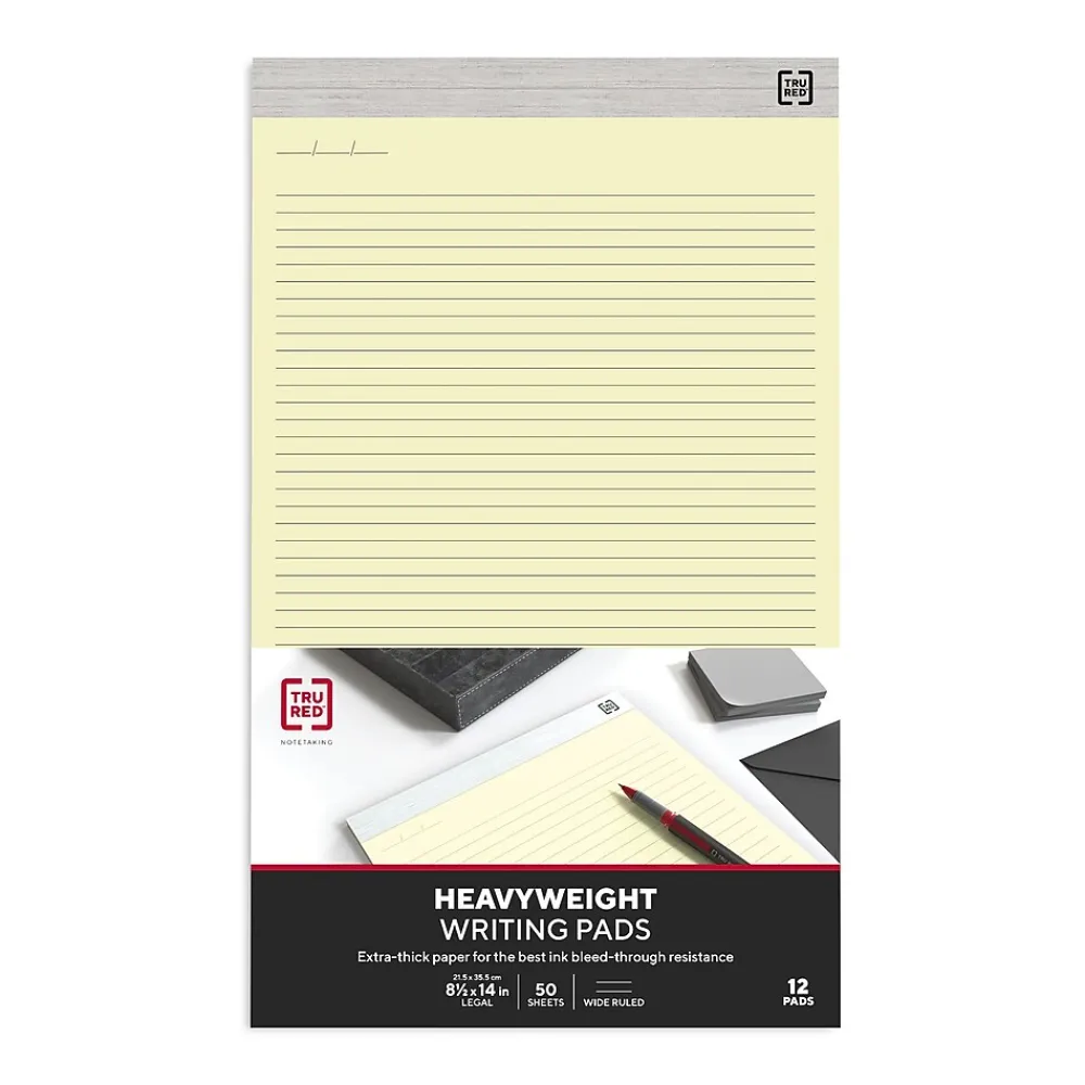 Notepads|TRU RED ™ Notepads, 8.5" x 14", Wide Ruled, , 50 Sheets/Pad, 12 Pads/Pack (TR57386) Canary
