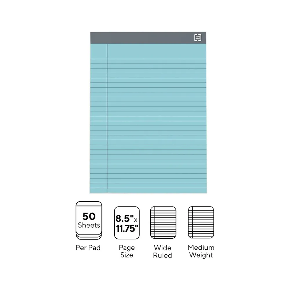 Notepads|TRU RED ™ Notepads, 8.5" x 11.75", Wide Ruled, Pastels, 50 Sheets/Pad, 6 Pads/Pack (TR57363)