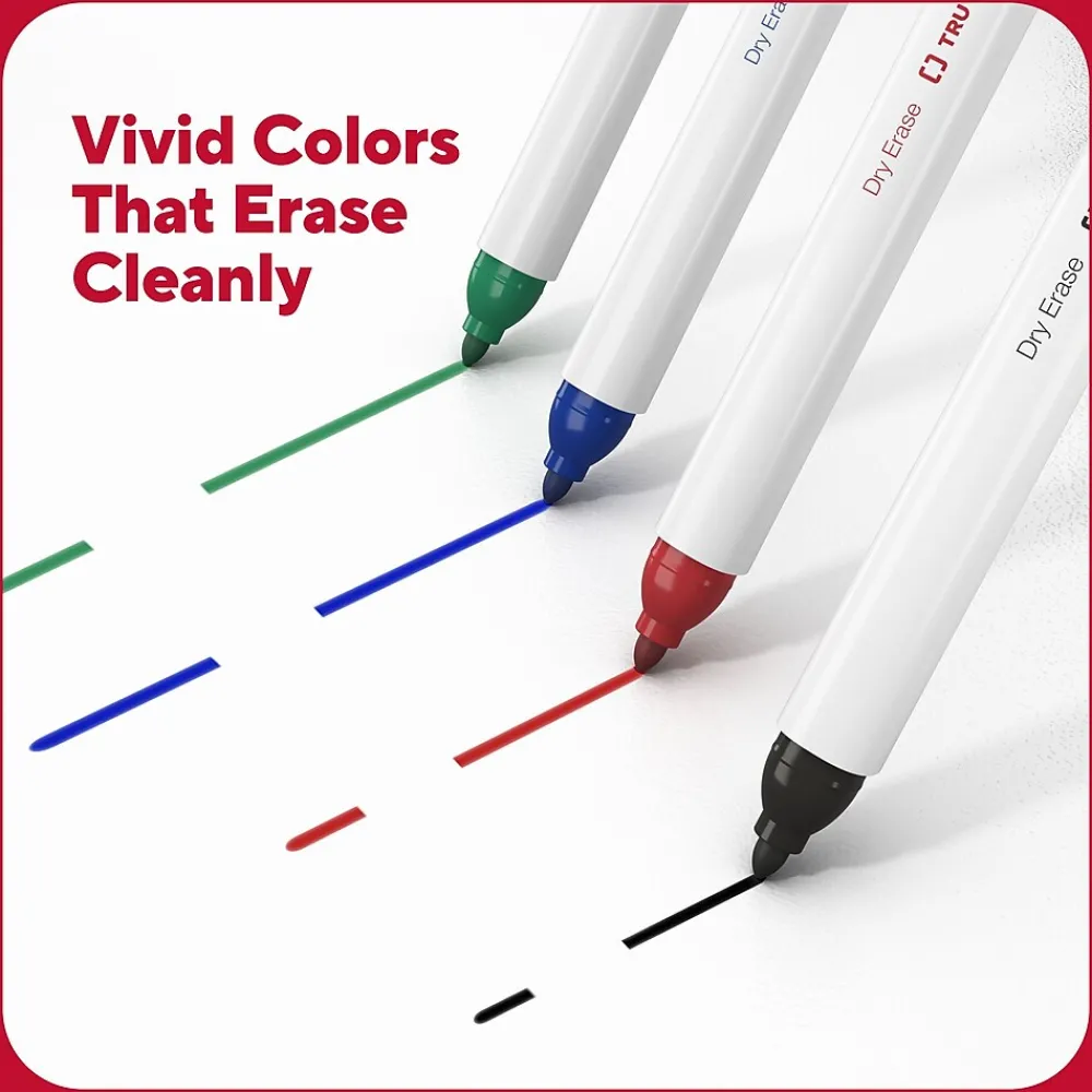Markers|TRU RED ™ Pen Dry Erase Markers, Fine Tip, Assorted, 4/Pack (TR61457/TR54562)