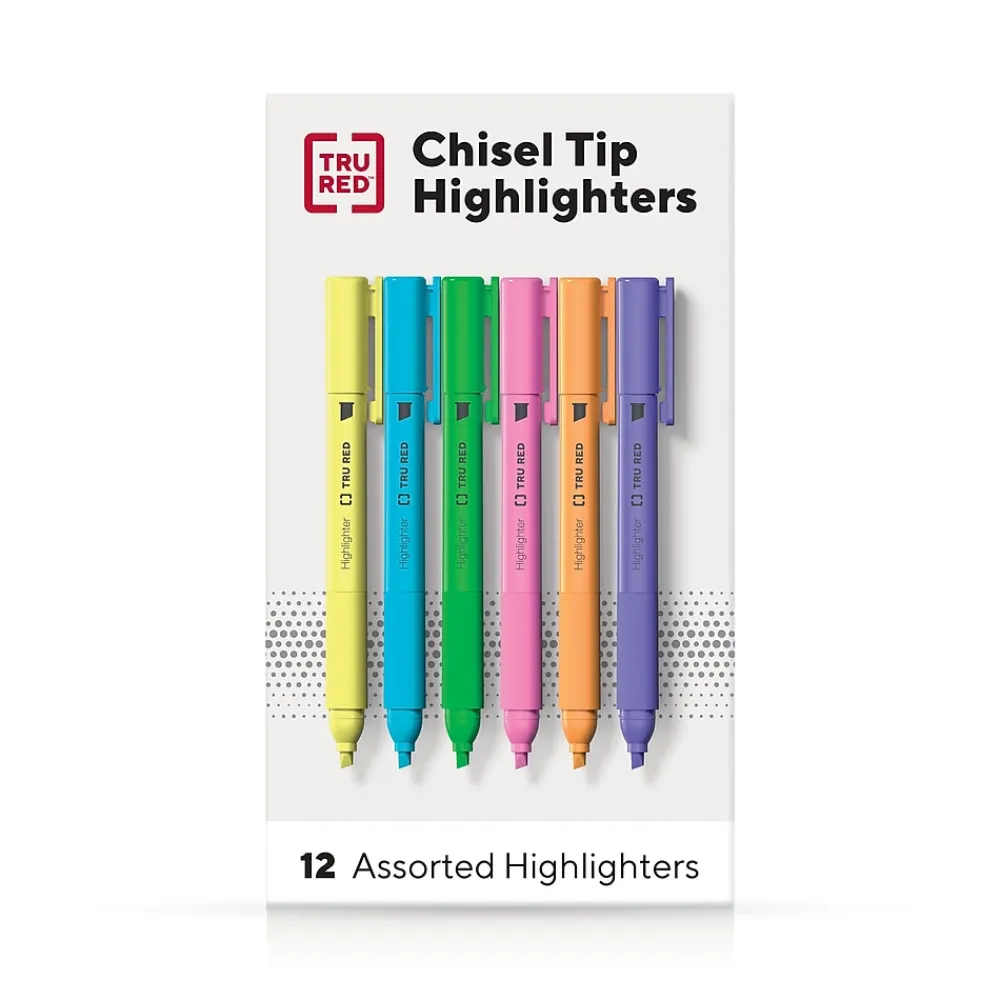 Highlighters|TRU RED ™ Pocket Stick Highlighter with Grip, Chisel Tip, Assorted, 12/Pack (TR54586)