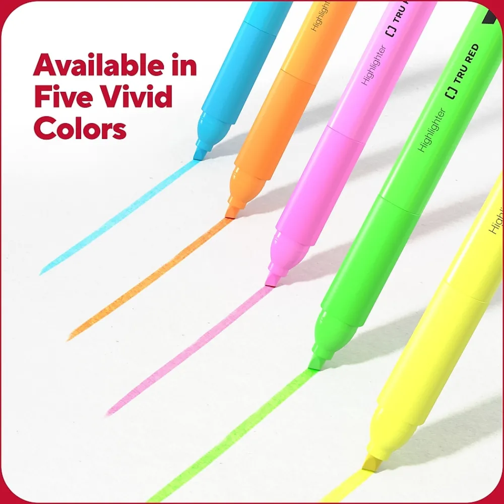 Highlighters|TRU RED ™ Pocket Stick Highlighter with Grip, Chisel Tip, Assorted, 5/Pack (TR54584)