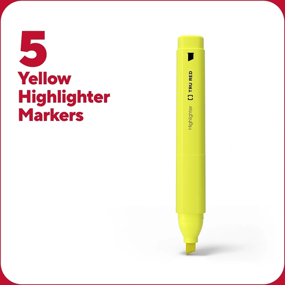 Highlighters|TRU RED ™ Tank Highlighter with Grip, Chisel Tip, Yellow, 5/Pack (TR54577)