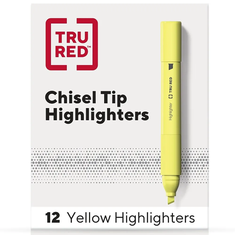 Highlighters|TRU RED ™ Tank Highlighter with Grip, Chisel Tip, Yellow, Dozen (TR54579)