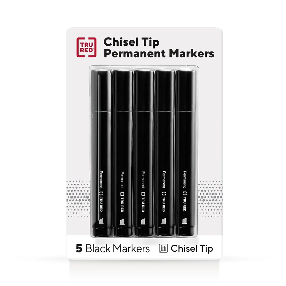 Markers|TRU RED ™ Tank Permanent Markers, Chisel Tip, Black, 5/Pack (TR54523)
