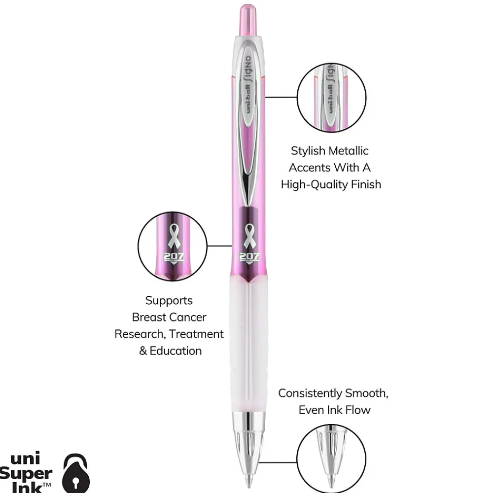 Pens|uni-ball uniball 207 Pink Ribbon Retractable Gel Pens, Medium Point, 0.7mm, Black Ink, Dozen (1745267)