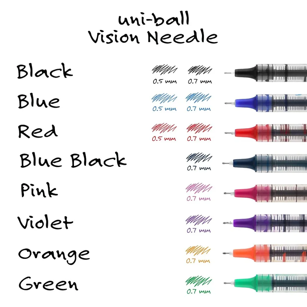 Pens|uni-ball Vision Needle Rollerball Pens, Fine Point, 0.7mm, Assorted Ink, 8/Pack (1734916)