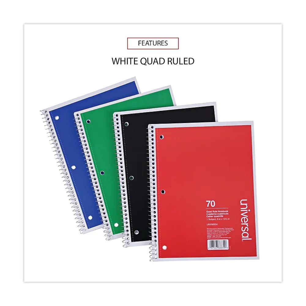 Subject Notebooks|Universal Subject Notebooks, 8" x 10.5", Quad, 70 Sheets, White, 4/Pack (UNV66634)