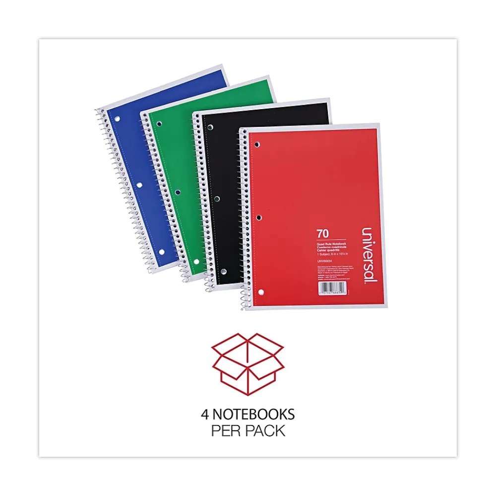 Subject Notebooks|Universal Subject Notebooks, 8" x 10.5", Quad, 70 Sheets, White, 4/Pack (UNV66634)