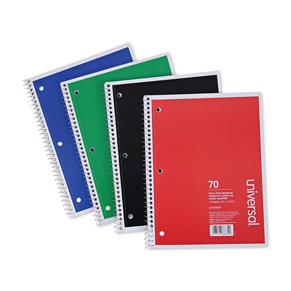 Subject Notebooks|Universal Subject Notebooks, 8" x 10.5", Quad, 70 Sheets, White, 4/Pack (UNV66634)