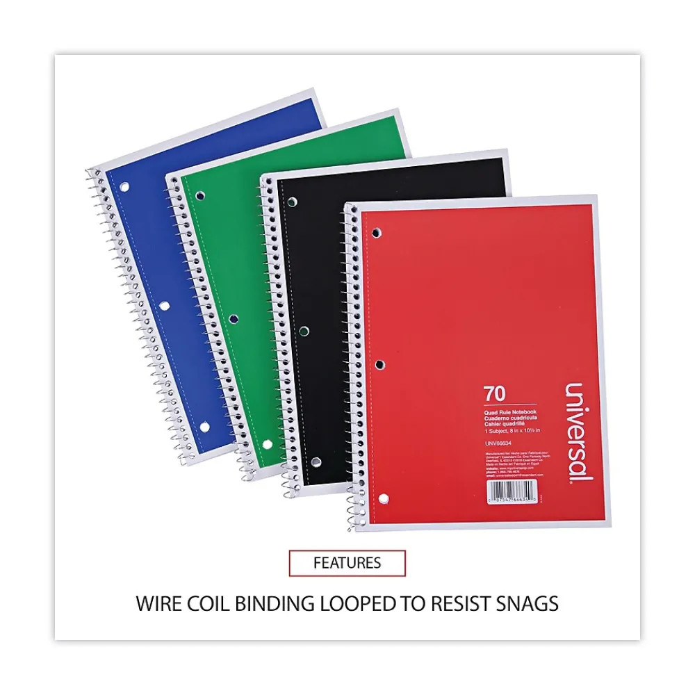 Subject Notebooks|Universal Subject Notebooks, 8" x 10.5", Quad, 70 Sheets, White, 4/Pack (UNV66634)