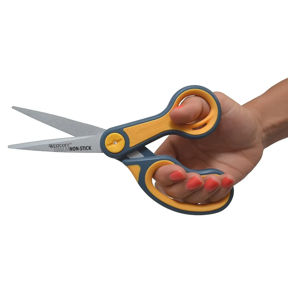 Scissors|Westcott Titanium Bonded 8" Stainless Steel Multi-Purpose/Heavy Duty Scissor, Pointed Tip, Gray/Yellow, 2/Pack (16550)