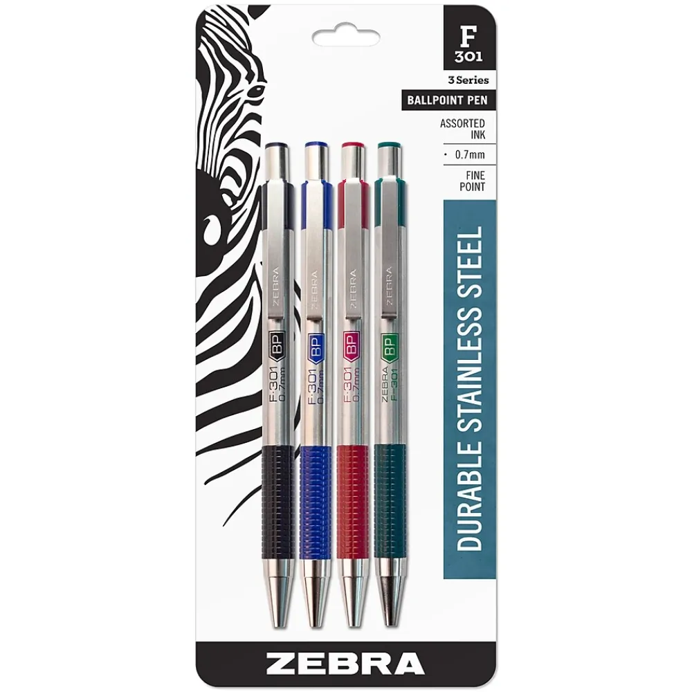 Pens|Zebra F-301 Retractable Ballpoint Pen, Fine Point, 0.7mm, Assorted Ink, 4 Pack (27174)