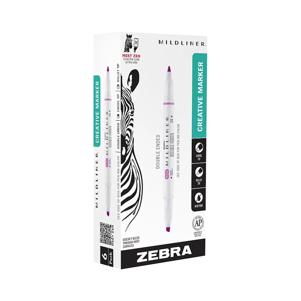 Highlighters|Zebra MILDLINER Double-Ended Creative Highlighter, Chisel/Bullet Tip, Magenta, 6/Pack (78270R)