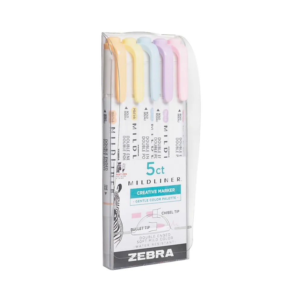 Highlighters|Zebra Mildliner Twin Tip Highlighters, Bullet/Chisel Tip, Gentle Assorted, 5/Pack (78705)