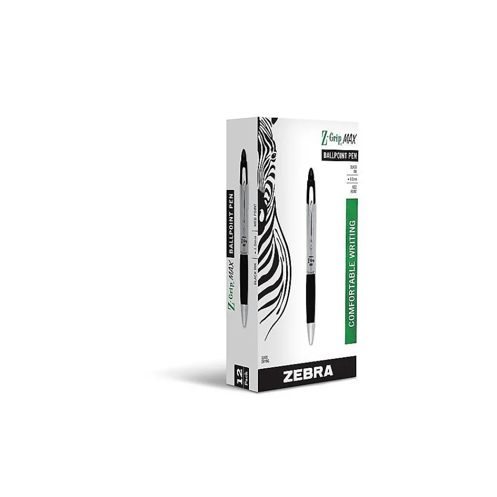 Pens|Zebra Z-Grip Max Retractable Ballpoint Pen, Medium Point, 1.0mm, Black Ink, Dozen (22410)